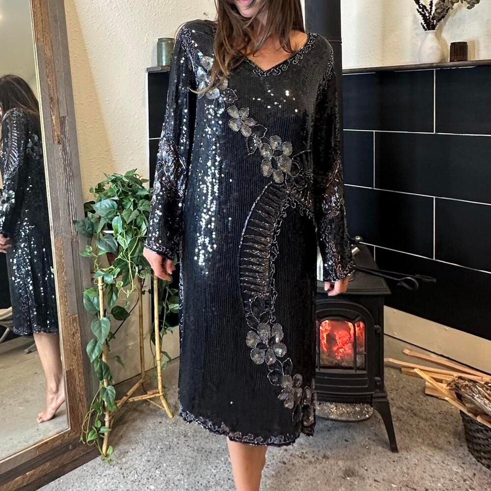 Shajahan Women’s Medium Dress Black Beaded Silk Sequin Formal Midi Gown